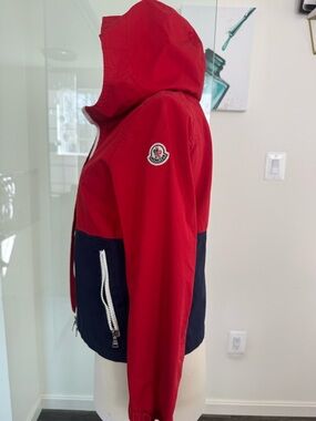Moncler Red and Navy Hooded Kids Rain Jacket